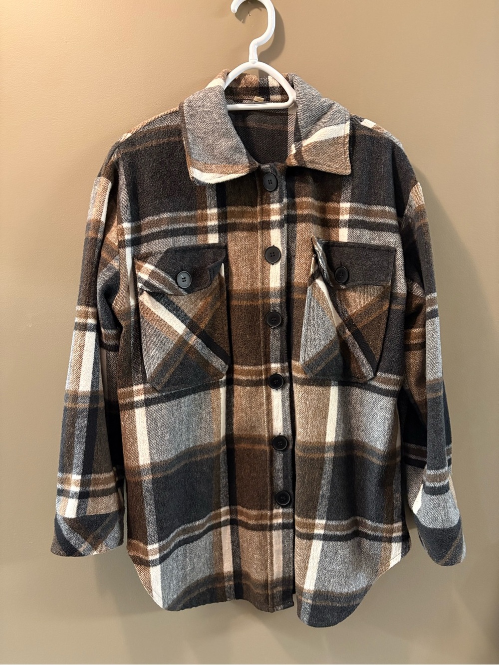 SHEIN Brown, Gray and Cream Plaid Utility Shacket